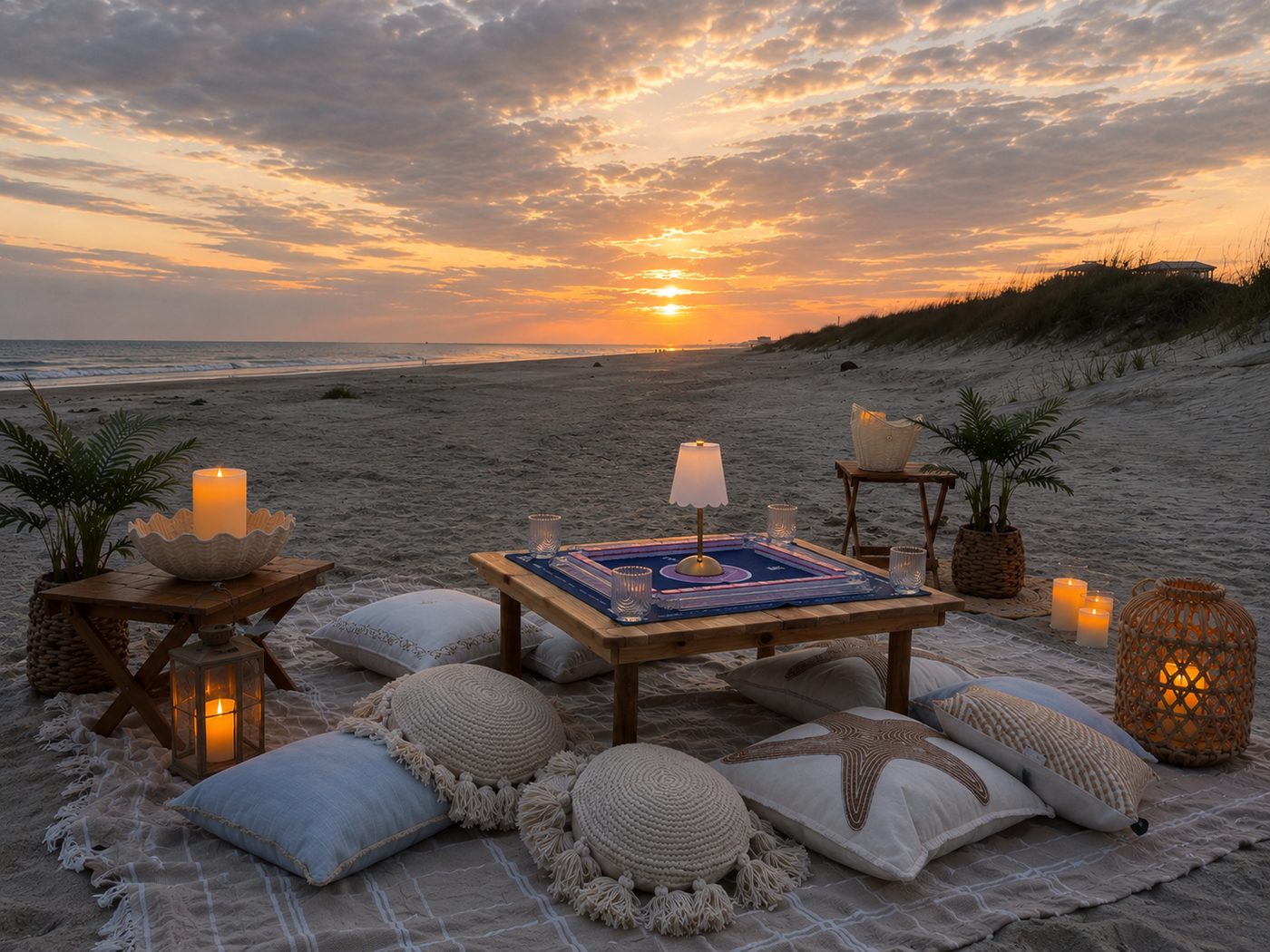 Styled mahjong night setup on the beach at sunset